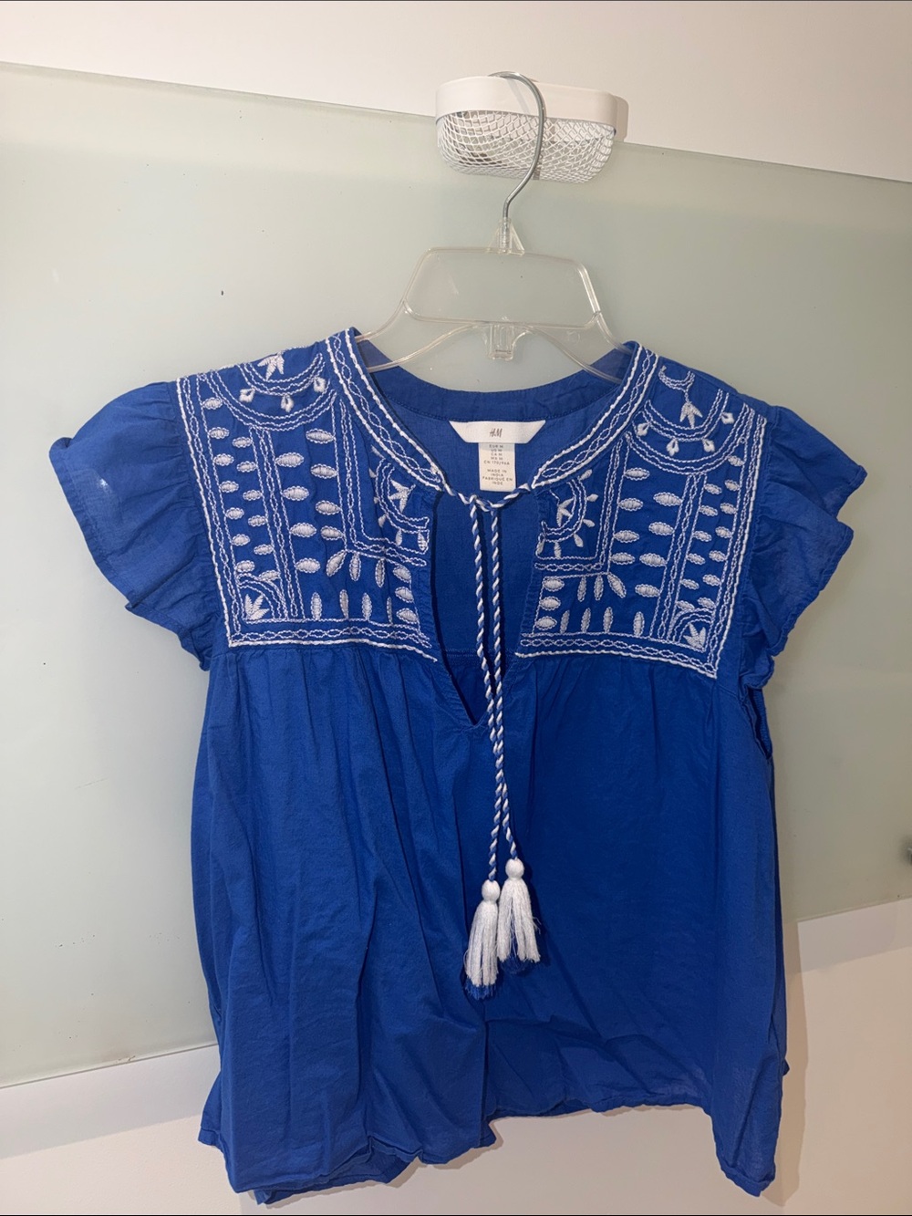 H&M Royal Blue Embroidered Tassel Peasant Blouse